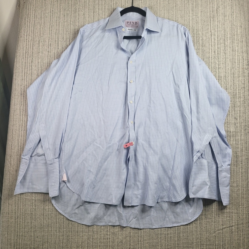 Thomas Pink Shirt Mens 16.5 34 Blue Herringbone Twill Check Dress Shirt England